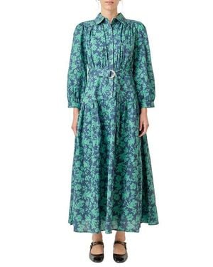 English Factory Belted Tiered Print Long Sleeve Cotton Midi Dress - Green
