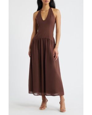 Princess Polly Chestnut Halter Neck Drop Waist Maxi Dress - Brown