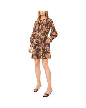 Halogen® Volume Long Sleeve Tie Waist Cotton Dress - Brown