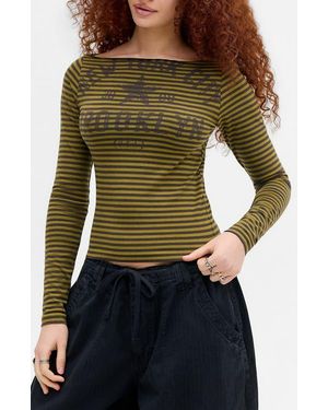 BDG Slash Striped Graphic Long Sleeve Top - Green
