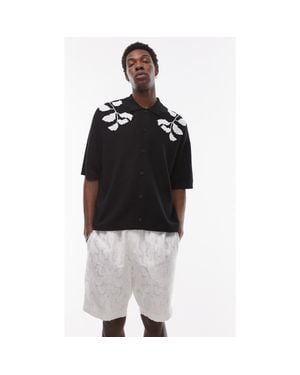 TOPMAN Oversize Embroidered Knit Short Sleeve Button-Up Shirt - Black