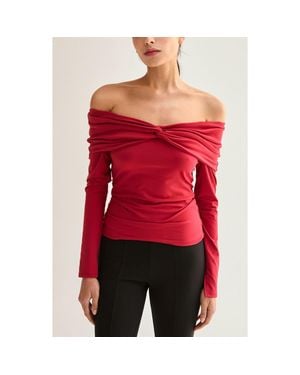 Crescent Front Twist Off Shoulder Knit Top - Red