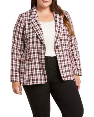 Tahari Plaid Notch Lapel Tweed Blazer - Red