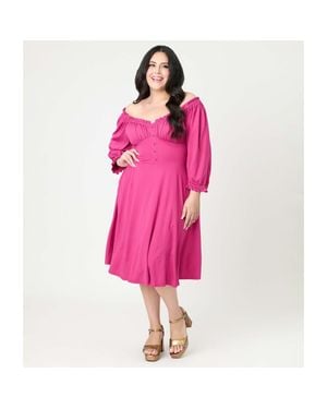 Unique Vintage Plus Size Peasant Sleeve Swing Dress - Pink