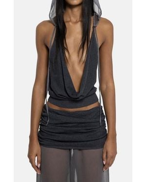 Jaded London Plunge Neck Knit Chiffon Hooded Top - Black