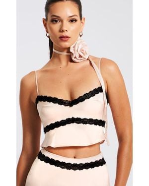 Miss Circle Yareli Lace Trim Satin Strappy Top - Natural