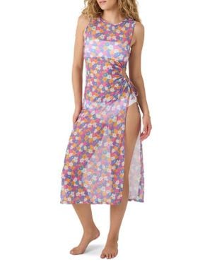 Roxy California Dreamin Ruched Keyhole Sheer Cover-Up Sundress - Red