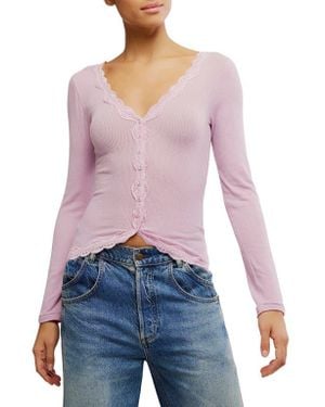 Free People Big Love Lace Trim Knit Button-Up Top - Purple