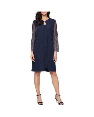Alex Evenings Metallic Knit Cocktail Dress With Embellished Jacket - Blue