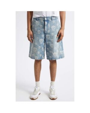 McQueen Skull Jacquard Denim Sailor Shorts - Blue