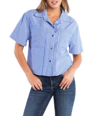 Billy T Spot On Stripe Linen Blend Crop Button-Up Shirt - Blue