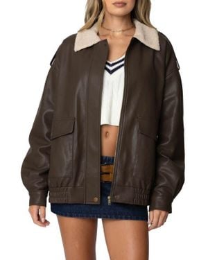 Edikted Ann Oversize Faux Leather Jacket With Faux Shearling Collar - Black