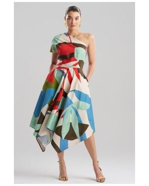 Natori Abstract Palm Cotton Poplin One Shoulder Handkerchief Hem Dress - White