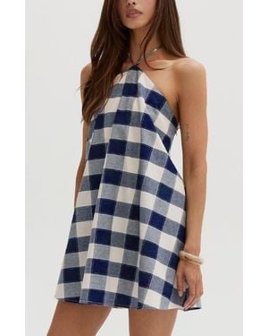 Crescent Gingham Halter Romper Dress - Blue
