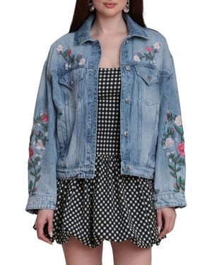Avec Les Filles Embroidered Denim Trucker Jacket - Blue
