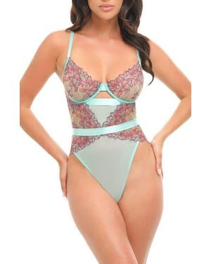 Oh La La Cheri Adaline Embroidered Satin Binding & Sheer Mesh Teddy - Blue