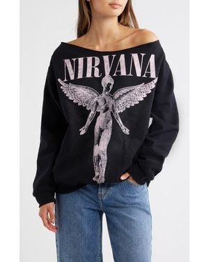 Merch Traffic Nirvana Graphic Off The Shoulder Sweatshirt - Black