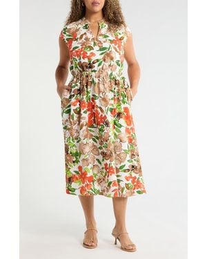Kasper Floral Print Drawstring Midi Dress - White