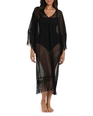 La Blanca Fringe Open Stitch Caftan - Black