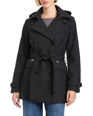 Vince Camuto Double Breasted Hooded Trench Coat - Black