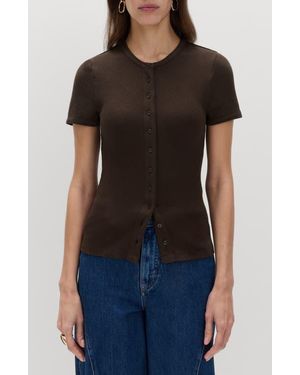 PER UNA BY M&S Rib Short Sleeve Button-Up Top - Brown