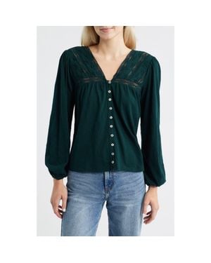 Lucky Brand Lace Yoke Peasant Top - Green