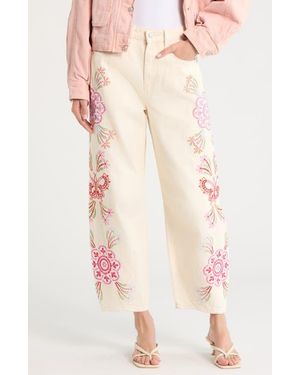 Blank NYC Floral Embroidery Barrel Leg Jeans - White