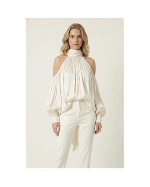 Modenaire High Neck Cold Shoulder Satin Blouse - Natural