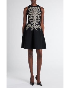 McQueen Metallic Lace Rib Cage Jacquard Fit & Flare Minidress - Black