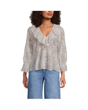 Lands' End Feminine Ruffle Chiffon V Neck Blouse - Gray