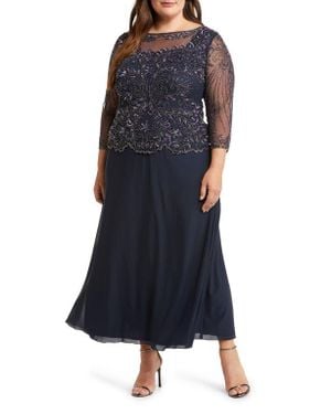 Pisarro Nights Beaded Mesh Mock Two-Piece Gown - Black