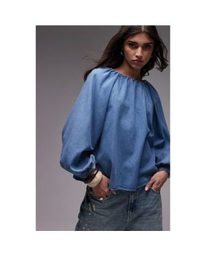 TOPSHOP Puff Sleeve Denim Shirt - Blue