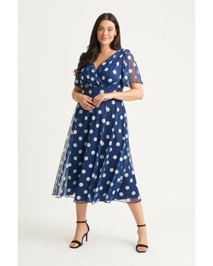 Scarlett & Jo Victoria Spot Angel Sleeve Midi Dress - Blue