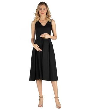 24seven Comfort Apparel Maternity Fit And Flare Sleeveless Midi Dress With Pockets - Black