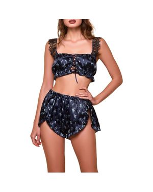 HAUTY Print Satin Bralette & Panties Tap Shorts Set - Blue
