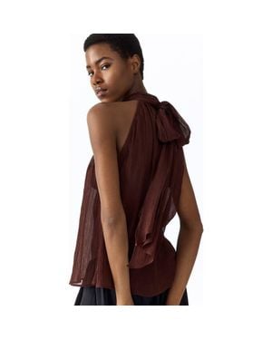 H&M Scarf-Collar Chiffon Top - Brown