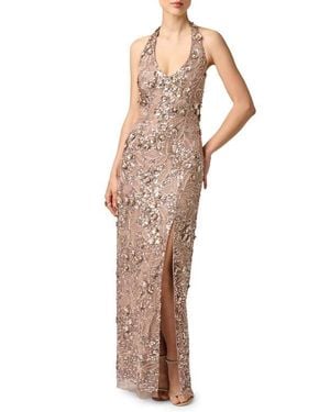 Aidan Mattox Sequin & Floral Halter Neck Sheath Gown - Multicolor