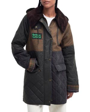 BARBOUR X GANNI Burghley Hooded Wool Contrast & Waxed Cotton Jacket - Black