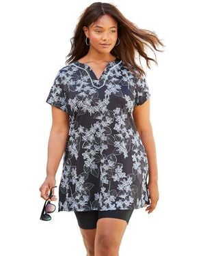 Swim 365 Longer-Length Notch-Neck Short-Sleeve Swim Tunic - Blue