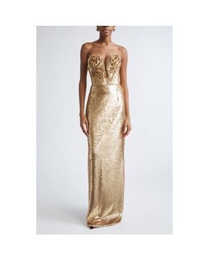 Carolina Herrera Rosette Bodice U-Neck Strapless Sequin Gown - Natural