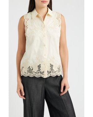 Tahari The Ivy Lace Sleeveless Button-Up Shirt - Natural