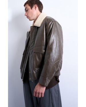 TOPMAN Faux Shearling & Faux Leather Bomber Jacket - Gray