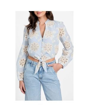 Guess Hazel Floral Embroidered Long Sleeve Tie Front Top - Blue