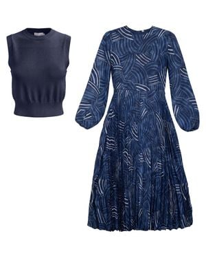 Coco de la Mour Midi Printed Pleated Chiffon Textured Knit Vest Set - Blue