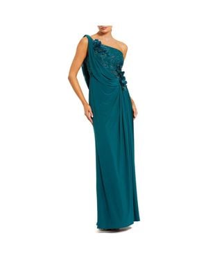 Mac Duggal Jersey One Shoulder Cowl Gown With 3D Flowers - Green