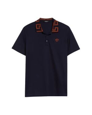 Versace Metallic Greca Collar Piqué Polo - Blue