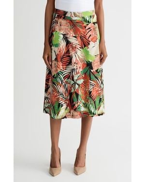 Kasper Tropical Print Pull-On Midi Skirt - Black