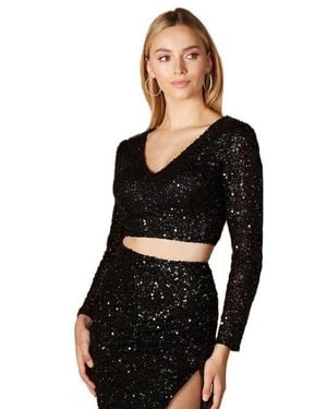 LARA New York Long Sleeve V-Neck Beaded Top - Black