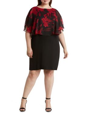 Connected Apparel Floral Cape Overlay Sheath Dress - Black