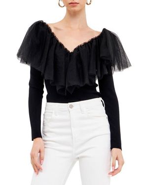 Endless Rose Ruffle Mesh Mixed Media Top - Black